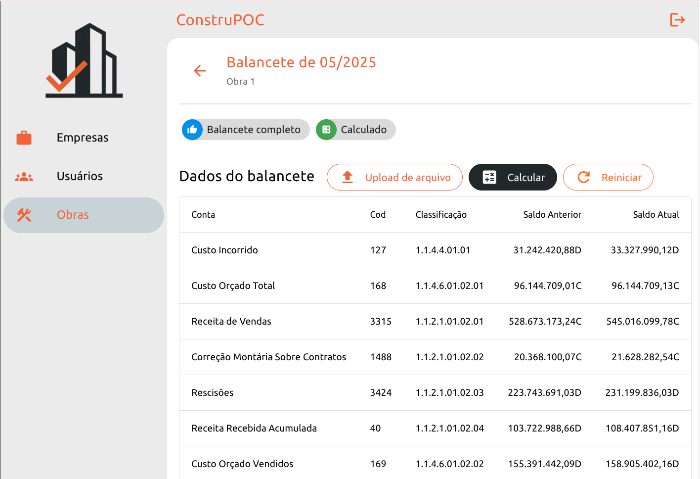 Tela do ConstruPOC mostrando o balancete e o cálculo do POC