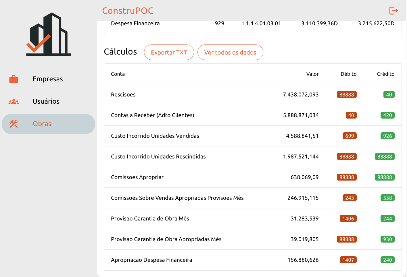 Tela de cálculos do ConstruPOC com botão Exportar TXT
